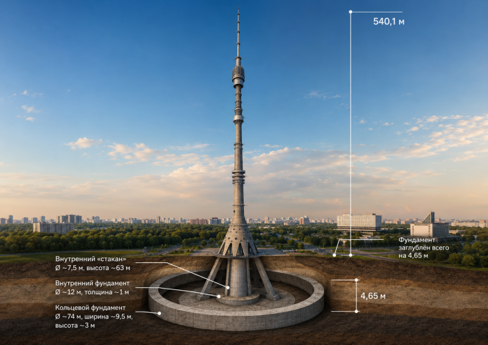 Останкинская башня стоит на фундаменте всего 4,6 метра. Почему она не падает?
